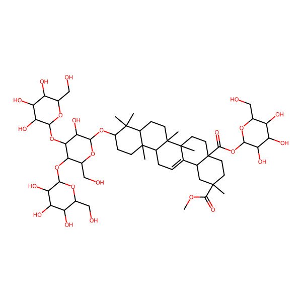 2D Structure of 2-O-methyl 4a-O-[(2S,3R,4S,5S,6R)-3,4,5-trihydroxy-6-(hydroxymethyl)oxan-2-yl] (2S,4aR,6aR,6aR,6bR,8aR,10S,12aR,14bS)-10-[(2R,3R,4R,5R,6R)-3-hydroxy-6-(hydroxymethyl)-5-[(2S,3R,4S,5R,6R)-3,4,5-trihydroxy-6-(hydroxymethyl)oxan-2-yl]oxy-4-[(2S,3R,4S,5S,6R)-3,4,5-trihydroxy-6-(hydroxymethyl)oxan-2-yl]oxyoxan-2-yl]oxy-2,6a,6b,9,9,12a-hexamethyl-1,3,4,5,6,6a,7,8,8a,10,11,12,13,14b-tetradecahydropicene-2,4a-dicarboxylate