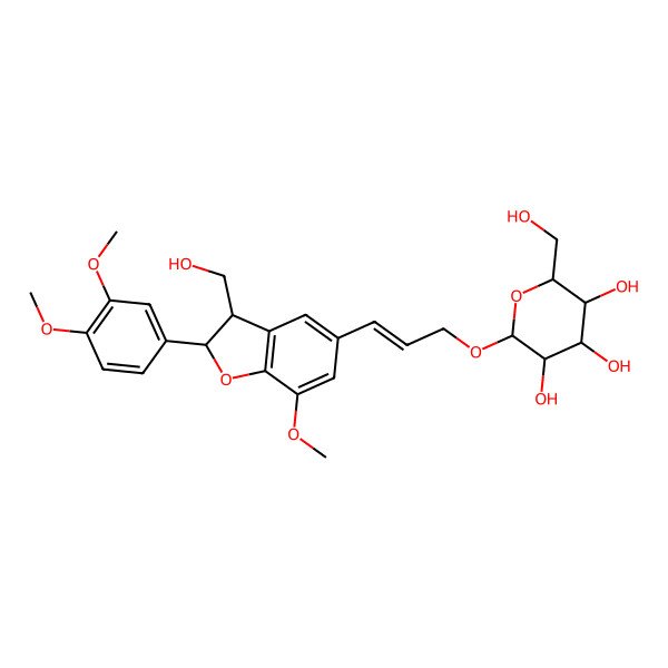 2D Structure of beta-D-Glucopyranoside, 3-[2-(3,4-dimethoxyphenyl)-2,3-dihydro-3-(hydroxymethyl)-7-methoxy-5-benzofuranyl]-2-propenyl, [2R-[2alpha,3beta,5(E)]]-; (2E)-3-[(2R,3S)-2-(3,4-Dimethoxyphenyl)-2,3-dihydro-3-(hydroxymethyl)-7-methoxy-5-benzofuranyl]-2-propen-1-yl beta-D-glucopyranoside