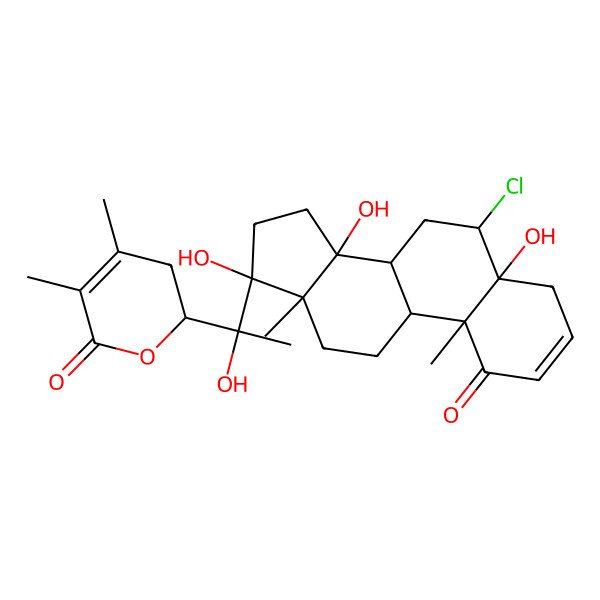 2D Structure of Ergosta-2,24-dien-26-oic acid, 6-chloro-5,14,17,20,22-pentahydroxy-1-oxo-, delta-lactone, (5beta,6alpha,17alpha,22R)-