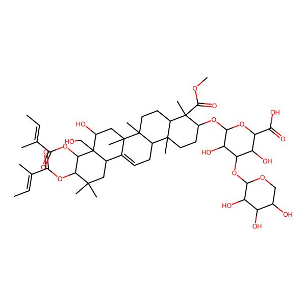 2D Structure of (2S,3S,4S,5R,6R)-6-[[(3S,4S,4aR,6aR,6bS,8R,8aR,9R,10R,12aS,14aR,14bR)-8-hydroxy-8a-(hydroxymethyl)-4-methoxycarbonyl-4,6a,6b,11,11,14b-hexamethyl-10-(2-methylbut-2-enoyloxy)-9-[(Z)-2-methylbut-2-enoyl]oxy-1,2,3,4a,5,6,7,8,9,10,12,12a,14,14a-tetradecahydropicen-3-yl]oxy]-3,5-dihydroxy-4-[(2S,3R,4S,5S)-3,4,5-trihydroxyoxan-2-yl]oxyoxane-2-carboxylic acid