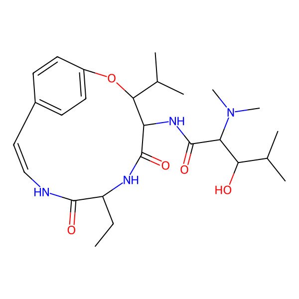2D Structure of (2R,3R)-2-(dimethylamino)-N-[(3S,4S,7S,10E)-7-ethyl-5,8-dioxo-3-propan-2-yl-2-oxa-6,9-diazabicyclo[10.2.2]hexadeca-1(14),10,12,15-tetraen-4-yl]-3-hydroxy-4-methylpentanamide