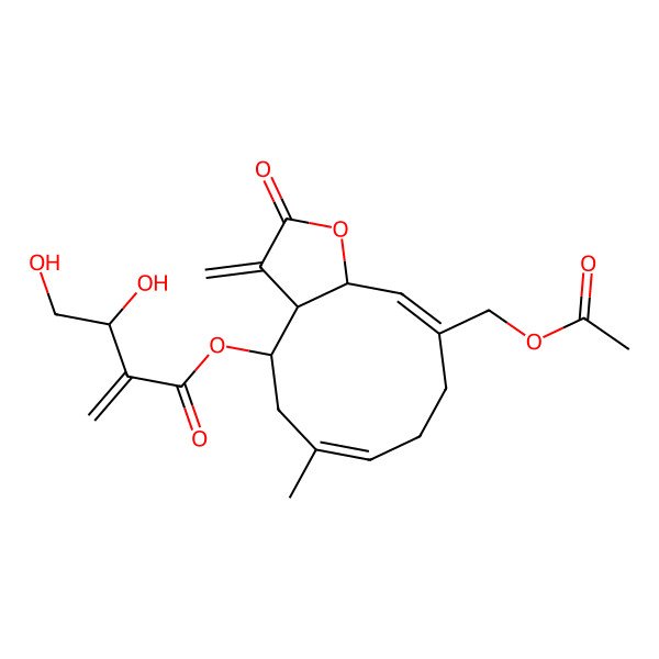 2D Structure of [(3aR,4S,6E,10E,11aR)-10-(acetyloxymethyl)-6-methyl-3-methylidene-2-oxo-3a,4,5,8,9,11a-hexahydrocyclodeca[b]furan-4-yl] (3S)-3,4-dihydroxy-2-methylidenebutanoate