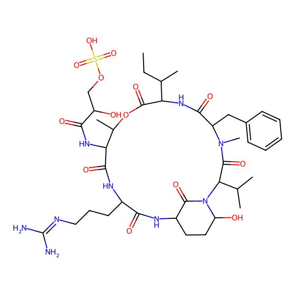 2D Structure of [3-[[(2S,5S,8S,11R,12S,15S,18S,21R)-5-benzyl-8-[(2S)-butan-2-yl]-15-[3-(diaminomethylideneamino)propyl]-21-hydroxy-4,11-dimethyl-3,6,9,13,16,22-hexaoxo-2-propan-2-yl-10-oxa-1,4,7,14,17-pentazabicyclo[16.3.1]docosan-12-yl]amino]-2-hydroxy-3-oxopropyl] hydrogen sulfate