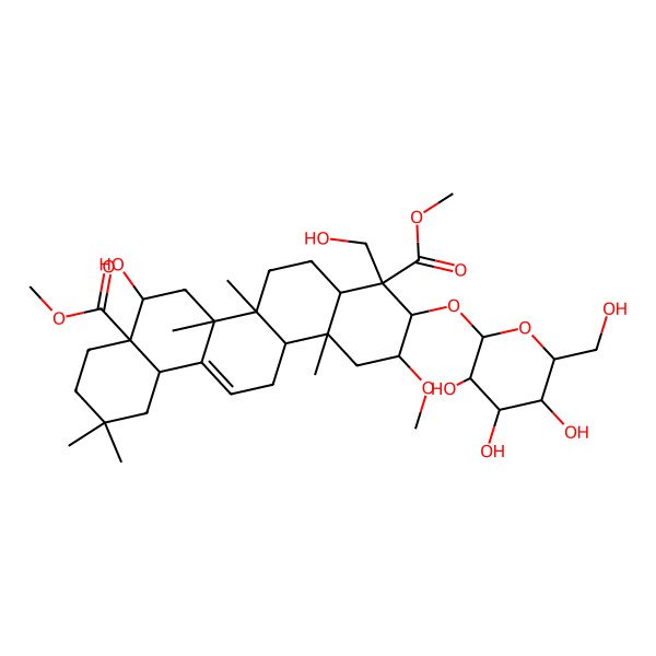 2D Structure of Dimethyl 8-hydroxy-4-(hydroxymethyl)-2-methoxy-6a,6b,11,11,14b-pentamethyl-3-[3,4,5-trihydroxy-6-(hydroxymethyl)oxan-2-yl]oxy-1,2,3,4a,5,6,7,8,9,10,12,12a,14,14a-tetradecahydropicene-4,8a-dicarboxylate