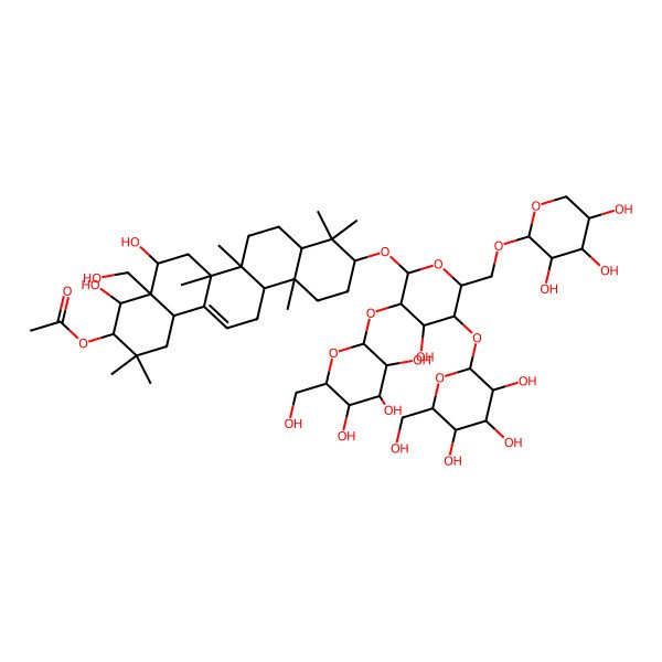 2D Structure of [(3R,4R,4aR,5R,6aR,6aS,6bR,8aR,10S,12aR,14bR)-4,5-dihydroxy-10-[(2R,3R,4S,5S,6R)-4-hydroxy-3,5-bis[[(2S,3R,4S,5S,6R)-3,4,5-trihydroxy-6-(hydroxymethyl)oxan-2-yl]oxy]-6-[[(2R,3S,4S,5R)-3,4,5-trihydroxyoxan-2-yl]oxymethyl]oxan-2-yl]oxy-4a-(hydroxymethyl)-2,2,6a,6b,9,9,12a-heptamethyl-1,3,4,5,6,6a,7,8,8a,10,11,12,13,14b-tetradecahydropicen-3-yl] acetate