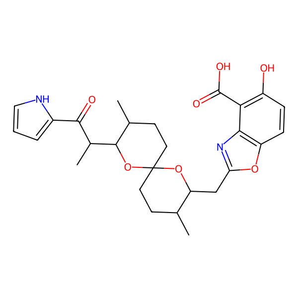 2D Structure of 2-[[(2S,3R,6S,8R,9R)-3,9-dimethyl-2-[1-oxo-1-(1H-pyrrol-2-yl)propan-2-yl]-1,7-dioxaspiro[5.5]undecan-8-yl]methyl]-5-hydroxy-1,3-benzoxazole-4-carboxylic acid