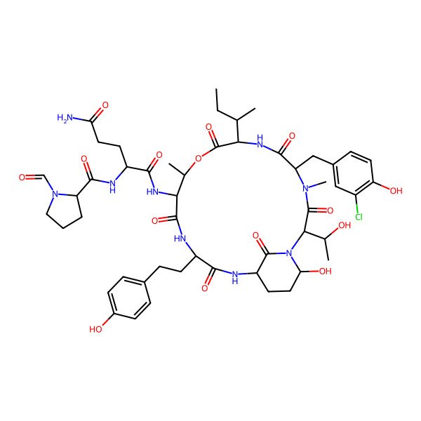 2D Structure of (2S)-N-[(2S,5S,8S,11R,12S,15S,18S,21R)-8-[(2S)-butan-2-yl]-5-[(3-chloro-4-hydroxyphenyl)methyl]-21-hydroxy-2-[(1R)-1-hydroxyethyl]-15-[2-(4-hydroxyphenyl)ethyl]-4,11-dimethyl-3,6,9,13,16,22-hexaoxo-10-oxa-1,4,7,14,17-pentazabicyclo[16.3.1]docosan-12-yl]-2-[[(2S)-1-formylpyrrolidine-2-carbonyl]amino]pentanediamide