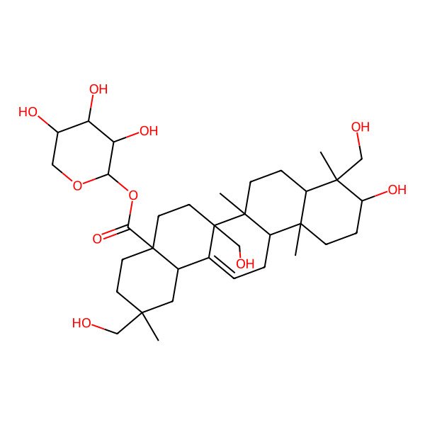 2D Structure of (3,4,5-Trihydroxyoxan-2-yl) 10-hydroxy-2,6a,9-tris(hydroxymethyl)-2,6b,9,12a-tetramethyl-1,3,4,5,6,6a,7,8,8a,10,11,12,13,14b-tetradecahydropicene-4a-carboxylate