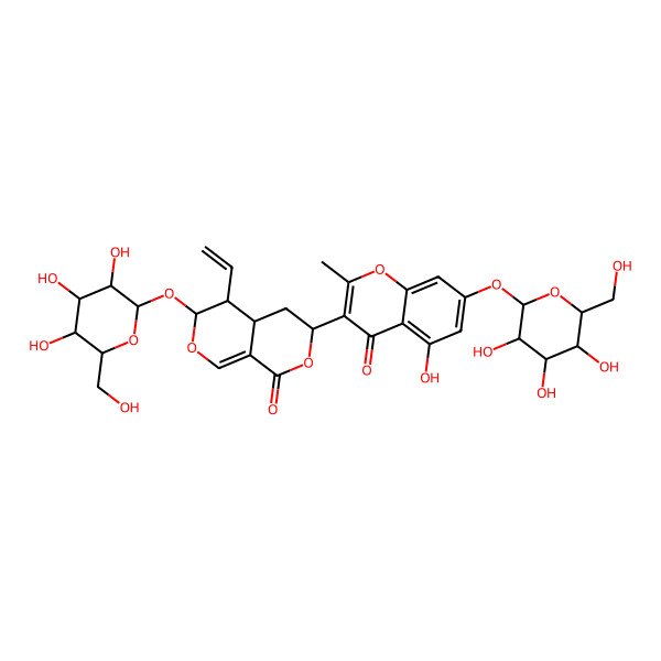 2D Structure of (3R,4aS,5S,6S)-5-ethenyl-3-[5-hydroxy-2-methyl-4-oxo-7-[(2S,3R,4S,5R,6R)-3,4,5-trihydroxy-6-(hydroxymethyl)oxan-2-yl]oxychromen-3-yl]-6-[(2S,3R,4S,5R,6R)-3,4,5-trihydroxy-6-(hydroxymethyl)oxan-2-yl]oxy-4,4a,5,6-tetrahydro-3H-pyrano[3,4-c]pyran-1-one