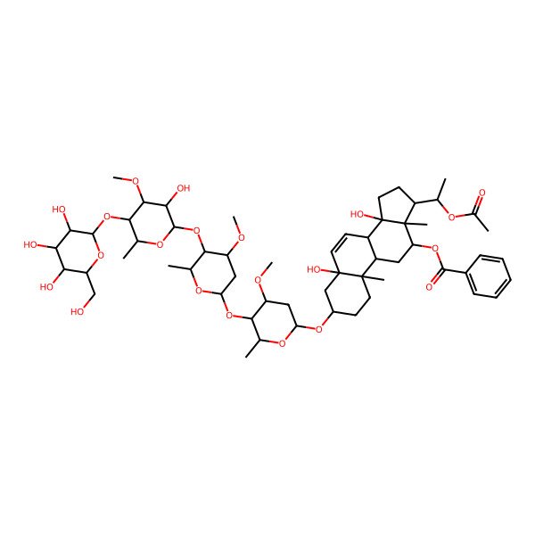 2D Structure of [(3S,8S,9S,10R,12R,13S,14S,17S)-17-[(1S)-1-acetyloxyethyl]-5,14-dihydroxy-3-[(2R,4S,5R,6R)-5-[(2S,4S,5R,6R)-5-[(2S,3R,4R,5R,6R)-3-hydroxy-4-methoxy-6-methyl-5-[(2S,3R,4S,5R,6R)-3,4,5-trihydroxy-6-(hydroxymethyl)oxan-2-yl]oxyoxan-2-yl]oxy-4-methoxy-6-methyloxan-2-yl]oxy-4-methoxy-6-methyloxan-2-yl]oxy-10,13-dimethyl-2,3,4,8,9,11,12,15,16,17-decahydro-1H-cyclopenta[a]phenanthren-12-yl] benzoate