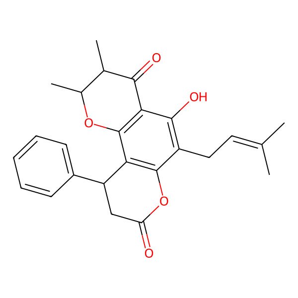 2D Structure of (2R,3S,10R)-5-hydroxy-2,3-dimethyl-6-(3-methylbut-2-enyl)-10-phenyl-2,3,9,10-tetrahydropyrano[2,3-h]chromene-4,8-dione