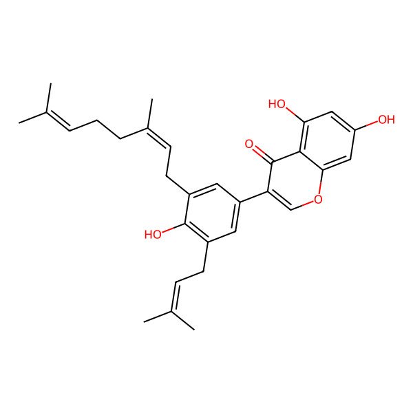 2D Structure of 3-[3-(3,7-Dimethylocta-2,6-dienyl)-4-hydroxy-5-(3-methylbut-2-enyl)phenyl]-5,7-dihydroxychromen-4-one
