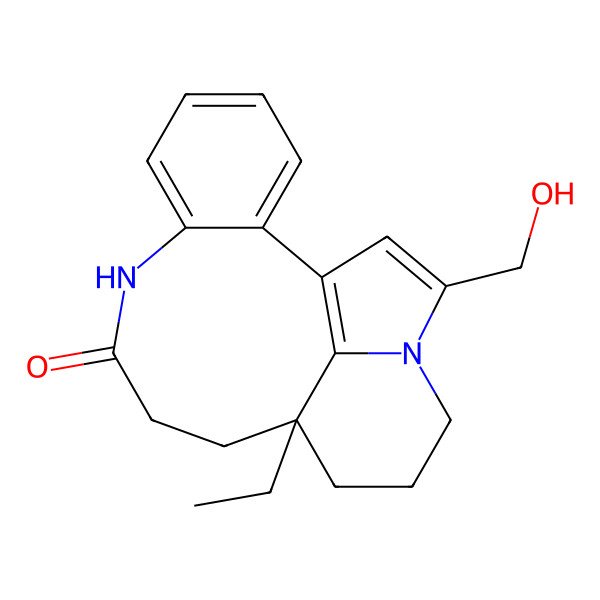 2D Structure of 12-Ethyl-17-(hydroxymethyl)-8,16-diazatetracyclo[10.6.1.02,7.016,19]nonadeca-1(19),2,4,6,17-pentaen-9-one