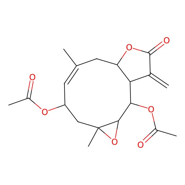 2D Structure of (2-Acetyloxy-5,9-dimethyl-14-methylidene-13-oxo-4,12-dioxatricyclo[9.3.0.03,5]tetradec-8-en-7-yl) acetate