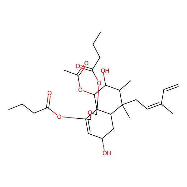 2D Structure of [10-Acetyloxy-1-butanoyloxy-5,9-dihydroxy-7,8-dimethyl-7-(3-methylpenta-2,4-dienyl)-1,3,5,6,6a,8,9,10-octahydrobenzo[d][2]benzofuran-3-yl] butanoate