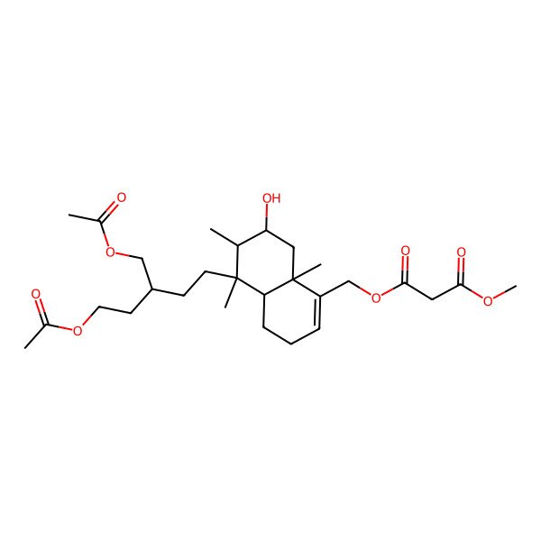 2D Structure of 3-O-[[5-[5-acetyloxy-3-(acetyloxymethyl)pentyl]-7-hydroxy-5,6,8a-trimethyl-3,4,4a,6,7,8-hexahydronaphthalen-1-yl]methyl] 1-O-methyl propanedioate