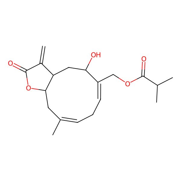 2D Structure of (5-Hydroxy-10-methyl-3-methylidene-2-oxo-3a,4,5,8,11,11a-hexahydrocyclodeca[b]furan-6-yl)methyl 2-methylpropanoate