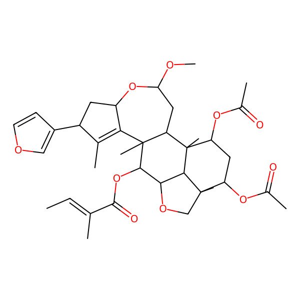 2D Structure of [(1R,2R,4R,6S,8R,11R,12S,13R,16R,17R,19S,20R)-17,19-diacetyloxy-8-(furan-3-yl)-4-methoxy-1,9,11,16-tetramethyl-5,14-dioxapentacyclo[11.6.1.02,11.06,10.016,20]icos-9-en-12-yl] (E)-2-methylbut-2-enoate