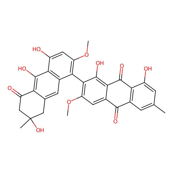 2D Structure of 1,8-Dihydroxy-3-methoxy-6-methyl-2-(4,7,10-trihydroxy-2-methoxy-7-methyl-5-oxo-6,8-dihydroanthracen-1-yl)anthracene-9,10-dione