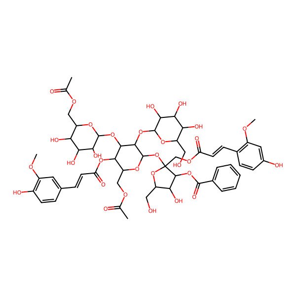 2D Structure of [(2S,3S,4R,5R)-2-[(2R,3R,4S,5R,6R)-6-(acetyloxymethyl)-4-[(2S,3R,4S,5S,6R)-6-(acetyloxymethyl)-3,4,5-trihydroxyoxan-2-yl]oxy-5-[(E)-3-(4-hydroxy-3-methoxyphenyl)prop-2-enoyl]oxy-3-[(2S,3R,4S,5S,6R)-3,4,5-trihydroxy-6-(hydroxymethyl)oxan-2-yl]oxyoxan-2-yl]oxy-4-hydroxy-2-[[(E)-3-(4-hydroxy-2-methoxyphenyl)prop-2-enoyl]oxymethyl]-5-(hydroxymethyl)oxolan-3-yl] benzoate