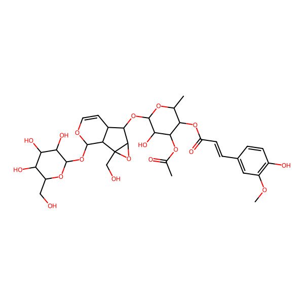 2D Structure of [4-Acetyloxy-5-hydroxy-6-[[2-(hydroxymethyl)-10-[3,4,5-trihydroxy-6-(hydroxymethyl)oxan-2-yl]oxy-3,9-dioxatricyclo[4.4.0.02,4]dec-7-en-5-yl]oxy]-2-methyloxan-3-yl] 3-(4-hydroxy-3-methoxyphenyl)prop-2-enoate