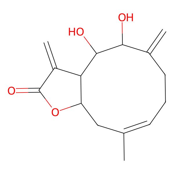 2D Structure of (3aR,4S,5S,9E,11aR)-4,5-dihydroxy-10-methyl-3,6-dimethylidene-4,5,7,8,11,11a-hexahydro-3aH-cyclodeca[b]furan-2-one