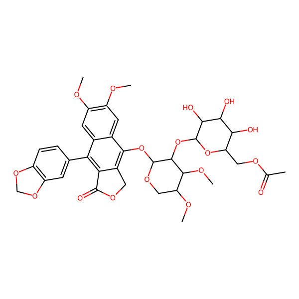 2D Structure of [(2R,3S,4S,5R,6S)-6-[(2S,3R,4S,5R)-2-[[9-(1,3-benzodioxol-5-yl)-6,7-dimethoxy-1-oxo-3H-benzo[f][2]benzofuran-4-yl]oxy]-4,5-dimethoxyoxan-3-yl]oxy-3,4,5-trihydroxyoxan-2-yl]methyl acetate
