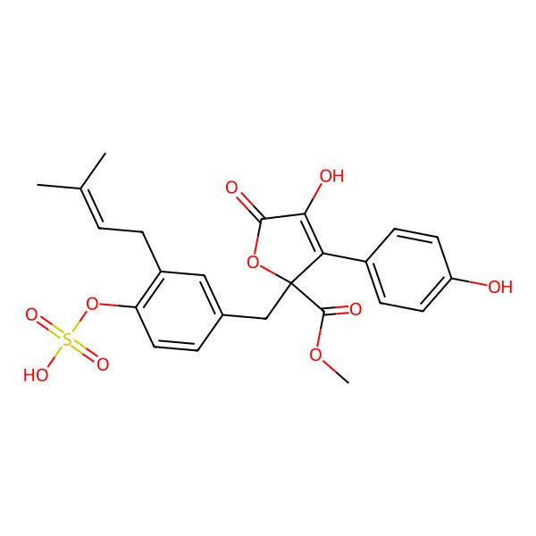 2D Structure of Methyl 4-hydroxy-3-(4-hydroxyphenyl)-2-[[3-(3-methylbut-2-enyl)-4-sulfooxyphenyl]methyl]-5-oxofuran-2-carboxylate