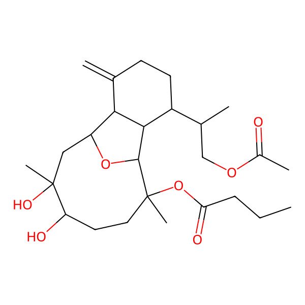 2D Structure of [6-(1-Acetyloxypropan-2-yl)-12,13-dihydroxy-9,13-dimethyl-3-methylidene-15-oxatricyclo[6.6.1.02,7]pentadecan-9-yl] butanoate