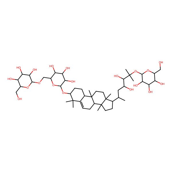2D Structure of (2R,3R,4S,5S,6R)-2-[[(2R,3S,4S,5R,6R)-6-[[(3S,8R,9R,10S,13R,14S,17R)-17-[(2R,4R,5S)-4,5-dihydroxy-6-methyl-6-[(2S,3R,4S,5S,6R)-3,4,5-trihydroxy-6-(hydroxymethyl)oxan-2-yl]oxyheptan-2-yl]-4,4,9,13,14-pentamethyl-2,3,7,8,10,11,12,15,16,17-decahydro-1H-cyclopenta[a]phenanthren-3-yl]oxy]-3,4,5-trihydroxyoxan-2-yl]methoxy]-6-(hydroxymethyl)oxane-3,4,5-triol
