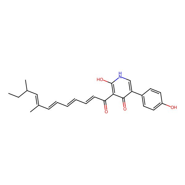 2D Structure of 3-[(2E,4E,6E,8E,10S)-8,10-dimethyldodeca-2,4,6,8-tetraenoyl]-2-hydroxy-5-(4-hydroxyphenyl)-1H-pyridin-4-one