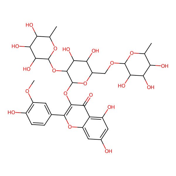 2D Structure of 3-[(2R,3S,4R,5R,6S)-4,5-dihydroxy-3-[(2S,3S,4R,5R,6S)-3,4,5-trihydroxy-6-methyloxan-2-yl]oxy-6-[[(2S,3S,4R,5R,6S)-3,4,5-trihydroxy-6-methyloxan-2-yl]oxymethyl]oxan-2-yl]oxy-5,7-dihydroxy-2-(4-hydroxy-3-methoxyphenyl)chromen-4-one