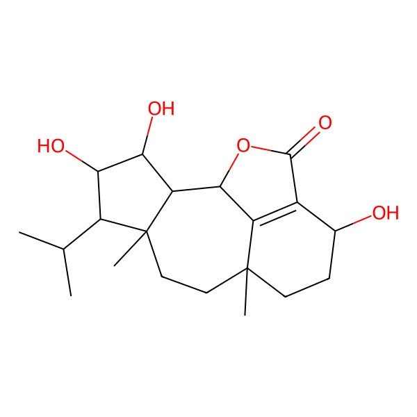 2D Structure of 3,4,12-Trihydroxy-6,9-dimethyl-5-propan-2-yl-15-oxatetracyclo[7.6.1.02,6.013,16]hexadec-13(16)-en-14-one