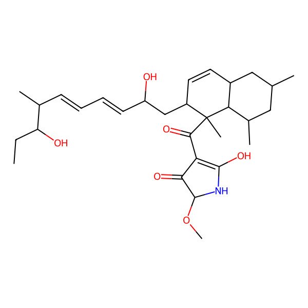 2D Structure of 4-[2-[(3E,5E)-2,8-dihydroxy-7-methyldeca-3,5-dienyl]-1,6,8-trimethyl-4a,5,6,7,8,8a-hexahydro-2H-naphthalene-1-carbonyl]-5-hydroxy-2-methoxy-1,2-dihydropyrrol-3-one