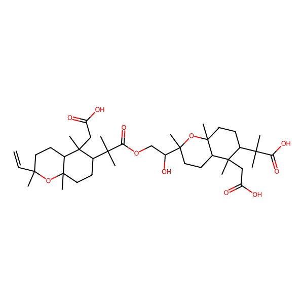 2D Structure of 2-[5-(Carboxymethyl)-2-[2-[2-[5-(carboxymethyl)-2-ethenyl-2,5,8a-trimethyl-3,4,4a,6,7,8-hexahydrochromen-6-yl]-2-methylpropanoyl]oxy-1-hydroxyethyl]-2,5,8a-trimethyl-3,4,4a,6,7,8-hexahydrochromen-6-yl]-2-methylpropanoic acid