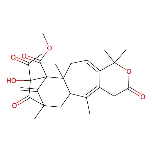 2D Structure of Methyl 16-acetyl-16-hydroxy-2,6,6,11,14-pentamethyl-17-methylidene-8,15-dioxo-7-oxatetracyclo[12.2.1.02,12.05,10]heptadeca-4,10-diene-1-carboxylate