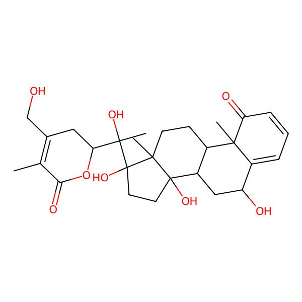 2D Structure of 4-(Hydroxymethyl)-2-[1-hydroxy-1-(6,14,17-trihydroxy-10,13-dimethyl-1-oxo-6,7,8,9,11,12,15,16-octahydrocyclopenta[a]phenanthren-17-yl)ethyl]-5-methyl-2,3-dihydropyran-6-one