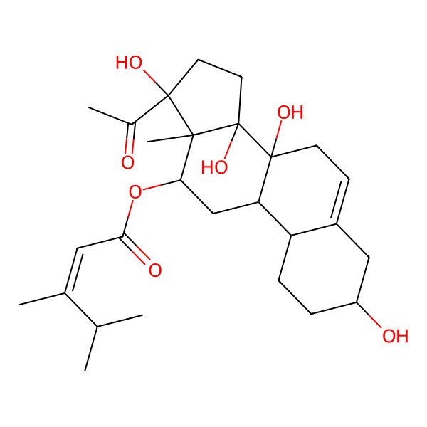 2D Structure of [(3S,8S,12R,13S,14R,17S)-17-acetyl-3,8,14,17-tetrahydroxy-13-methyl-2,3,4,7,9,10,11,12,15,16-decahydro-1H-cyclopenta[a]phenanthren-12-yl] (E)-3,4-dimethylpent-2-enoate