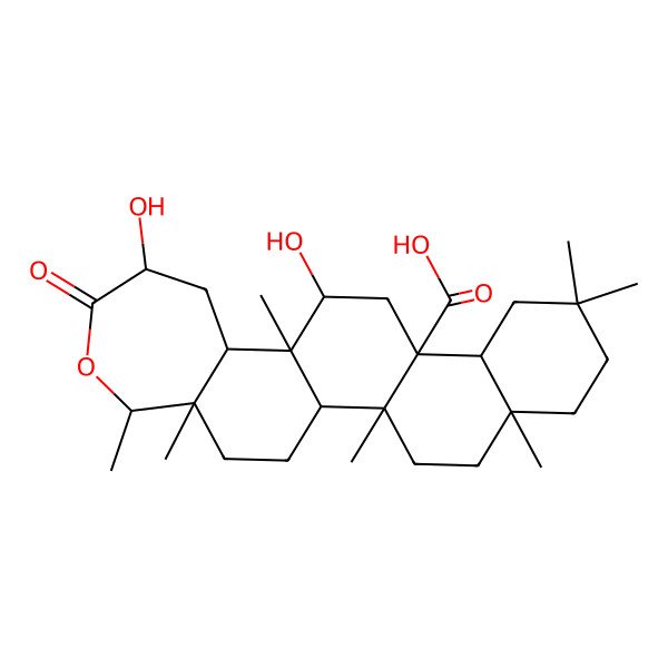 2D Structure of 13,17-Dihydroxy-2,5,8,8,14,20,21-heptamethyl-18-oxo-19-oxapentacyclo[12.9.0.02,11.05,10.015,21]tricosane-11-carboxylic acid