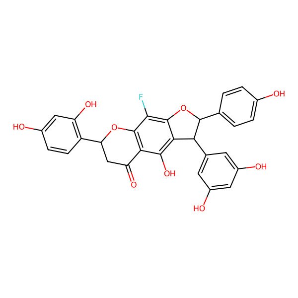 2D Structure of (2R,3R,7R)-7-(2,4-dihydroxyphenyl)-3-(3,5-dihydroxyphenyl)-9-fluoro-4-hydroxy-2-(4-hydroxyphenyl)-2,3,6,7-tetrahydrofuro[3,2-g]chromen-5-one