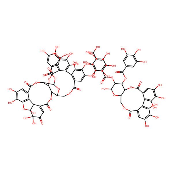 2D Structure of 2-[[21-[6-[[3,4,5,13,21,22,23-Heptahydroxy-8,18-dioxo-11-(3,4,5-trihydroxybenzoyl)oxy-9,14,17-trioxatetracyclo[17.4.0.02,7.010,15]tricosa-1(23),2,4,6,19,21-hexaen-12-yl]oxycarbonyl]-2,3,4-trihydroxyphenoxy]-1,2,2,14,15,16,19,35,36-nonahydroxy-3,6,11,24,32-pentaoxo-29-(3,4,5-trihydroxybenzoyl)oxy-7,10,25,28,31,40-hexaoxaoctacyclo[35.2.1.05,39.08,27.09,30.012,17.018,23.033,38]tetraconta-4,12,14,16,18,20,22,33,35,37-decaen-20-yl]oxy]-3,4,5-trihydroxybenzoic acid