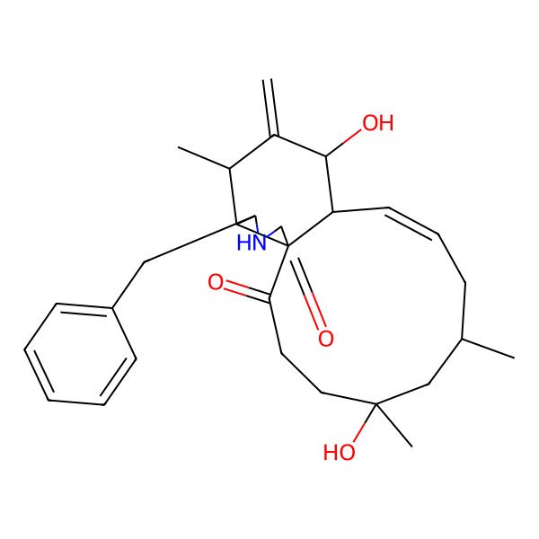 2D Structure of 16-Benzyl-5,12-dihydroxy-5,7,14-trimethyl-13-methylidene-17-azatricyclo[9.7.0.01,15]octadec-9-ene-2,18-dione