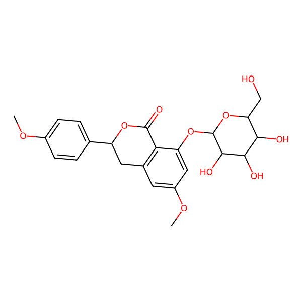 2D Structure of 6-Methoxy-3-(4-methoxyphenyl)-8-[3,4,5-trihydroxy-6-(hydroxymethyl)oxan-2-yl]oxy-3,4-dihydroisochromen-1-one