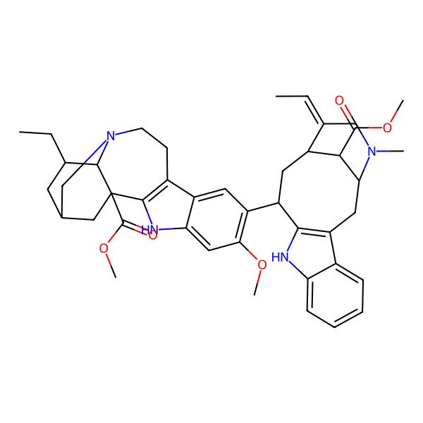 2D Structure of methyl (1S,15R,17S,18S)-17-ethyl-7-[(1S,12R,14R,15Z,18S)-15-ethylidene-18-methoxycarbonyl-17-methyl-10,17-diazatetracyclo[12.3.1.03,11.04,9]octadeca-3(11),4,6,8-tetraen-12-yl]-6-methoxy-3,13-diazapentacyclo[13.3.1.02,10.04,9.013,18]nonadeca-2(10),4,6,8-tetraene-1-carboxylate