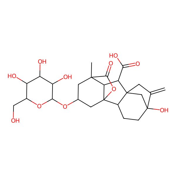 2D Structure of 5-Hydroxy-11-methyl-6-methylidene-16-oxo-13-[3,4,5-trihydroxy-6-(hydroxymethyl)oxan-2-yl]oxy-15-oxapentacyclo[9.3.2.15,8.01,10.02,8]heptadecane-9-carboxylic acid