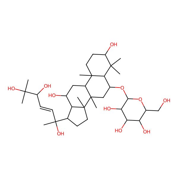 2D Structure of (2R,3R,4S,5S,6R)-2-[[(3S,5R,6S,8R,9R,10R,12R,13R,14R,17S)-3,12-dihydroxy-4,4,8,10,14-pentamethyl-17-[(E,2S,5S)-2,5,6-trihydroxy-6-methylhept-3-en-2-yl]-2,3,5,6,7,9,11,12,13,15,16,17-dodecahydro-1H-cyclopenta[a]phenanthren-6-yl]oxy]-6-(hydroxymethyl)oxane-3,4,5-triol