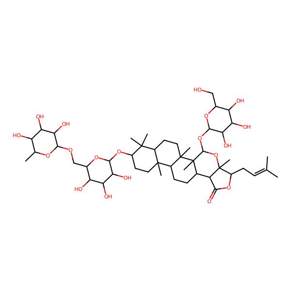 2D Structure of (1R,2R,3R,5R,6R,9S,10R,13R,14R,17S,19S)-1,2,5,14,18,18-hexamethyl-6-(3-methylbut-2-enyl)-3-[(2S,3R,4S,5S,6R)-3,4,5-trihydroxy-6-(hydroxymethyl)oxan-2-yl]oxy-17-[(2R,3R,4S,5S,6R)-3,4,5-trihydroxy-6-[[(2R,3R,4R,5R,6S)-3,4,5-trihydroxy-6-methyloxan-2-yl]oxymethyl]oxan-2-yl]oxy-4,7-dioxapentacyclo[11.8.0.02,10.05,9.014,19]henicosan-8-one