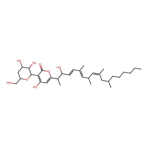 2D Structure of 3-[3,4-Dihydroxy-6-(hydroxymethyl)oxan-2-yl]-4-hydroxy-6-(3-hydroxy-6,8,10,12-tetramethyloctadeca-4,6,9-trien-2-yl)pyran-2-one