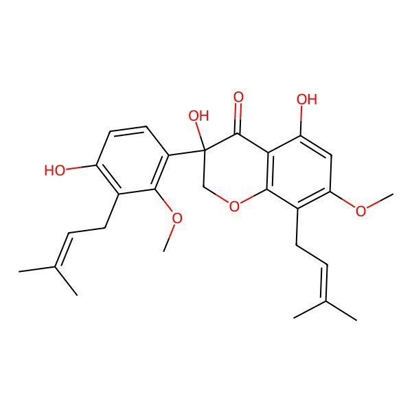 2D Structure of 3,5-dihydroxy-3-[4-hydroxy-2-methoxy-3-(3-methylbut-2-enyl)phenyl]-7-methoxy-8-(3-methylbut-2-enyl)-2H-chromen-4-one