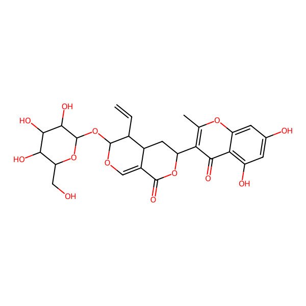 2D Structure of 3-(5,7-dihydroxy-2-methyl-4-oxochromen-3-yl)-5-ethenyl-6-[3,4,5-trihydroxy-6-(hydroxymethyl)oxan-2-yl]oxy-4,4a,5,6-tetrahydro-3H-pyrano[3,4-c]pyran-1-one